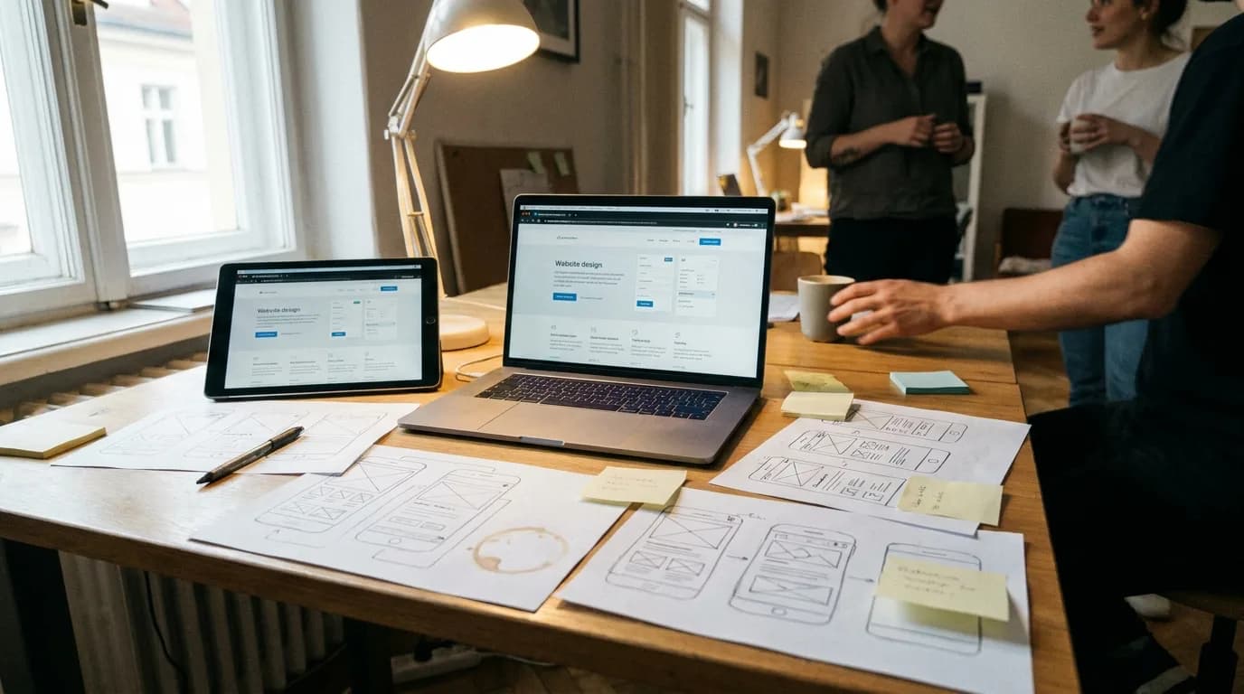 Website wireframes and prototypes on a desk at the Oxygne studio