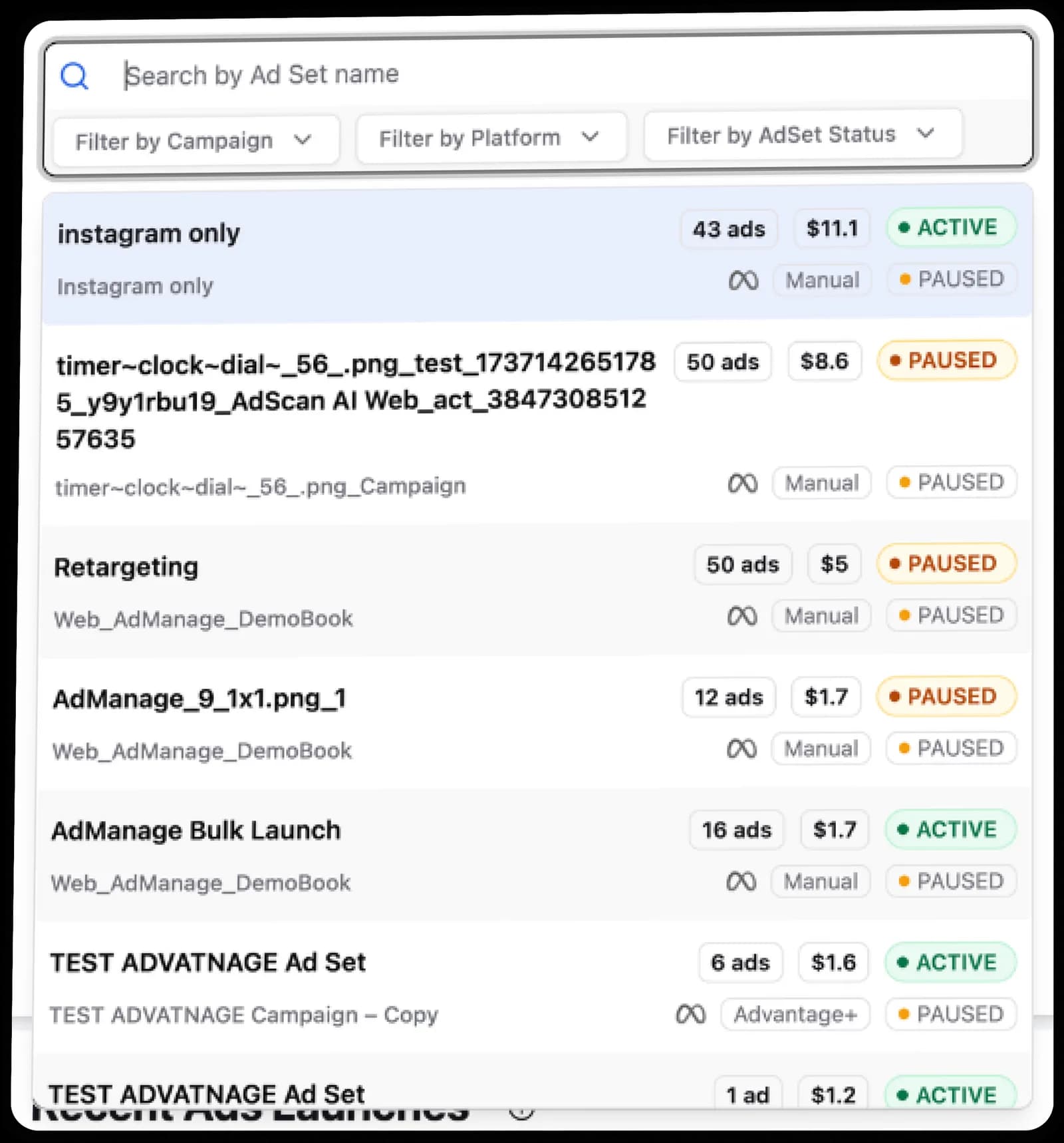 AdManage list view after