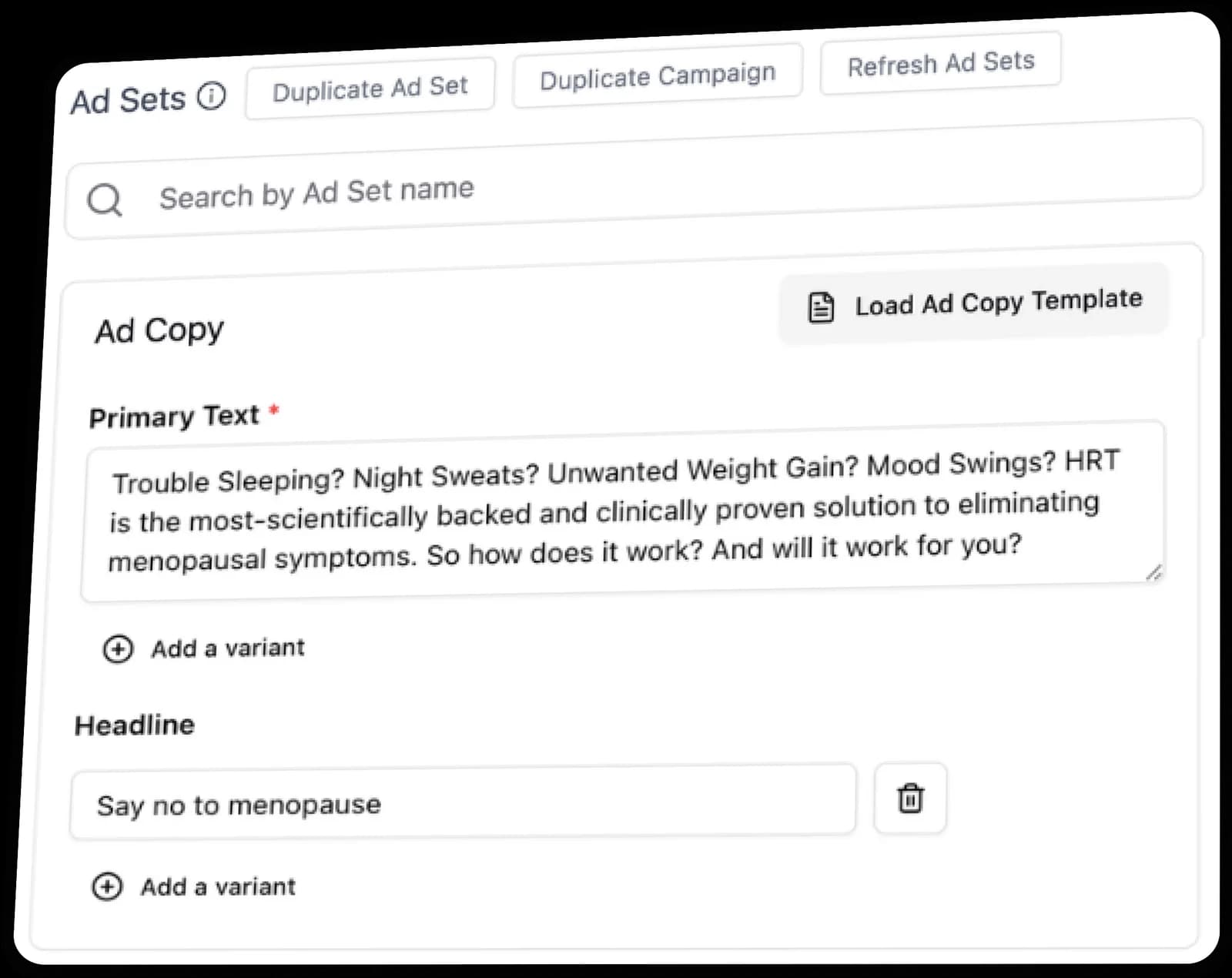 AdManage ad copy after