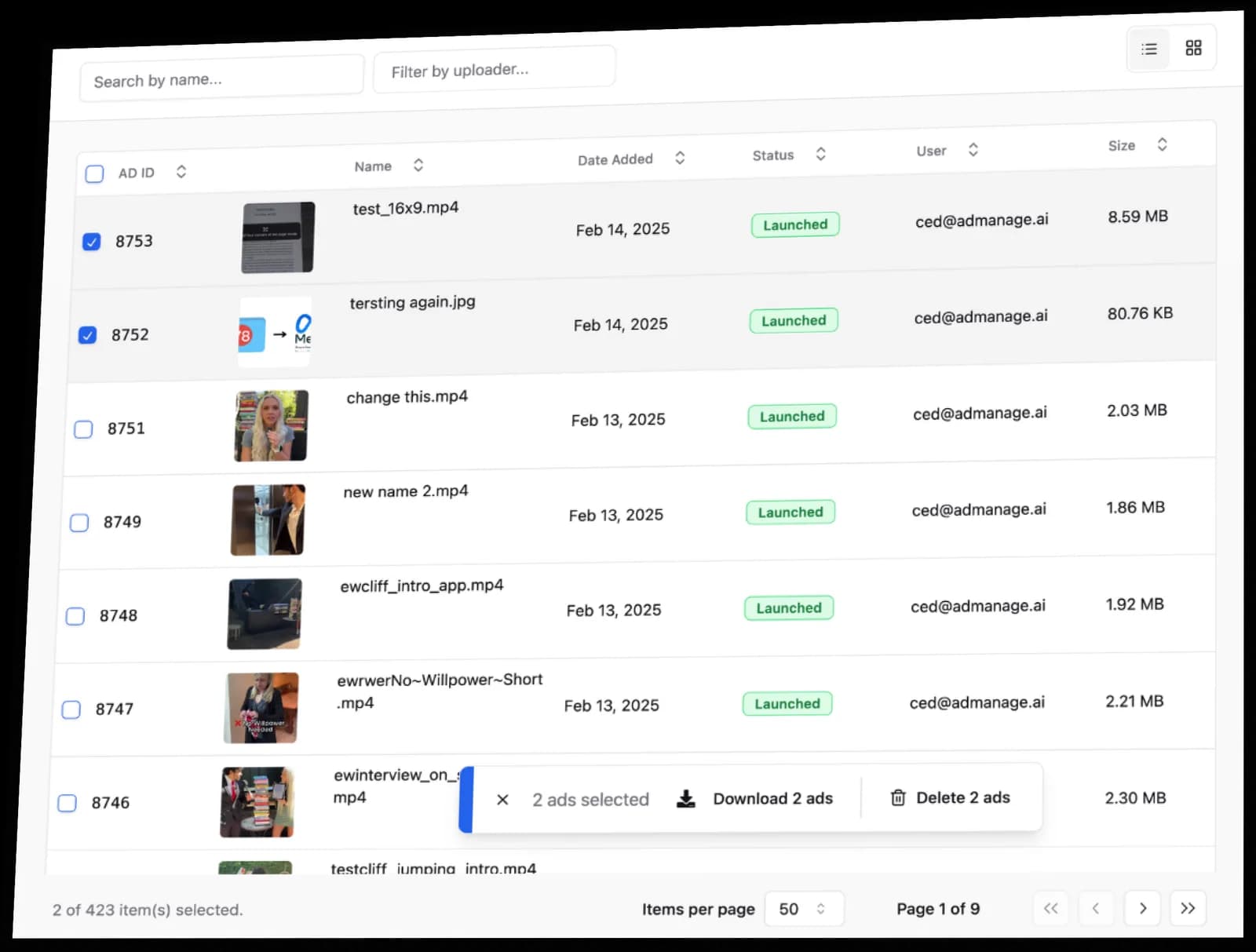 AdManage status labels after