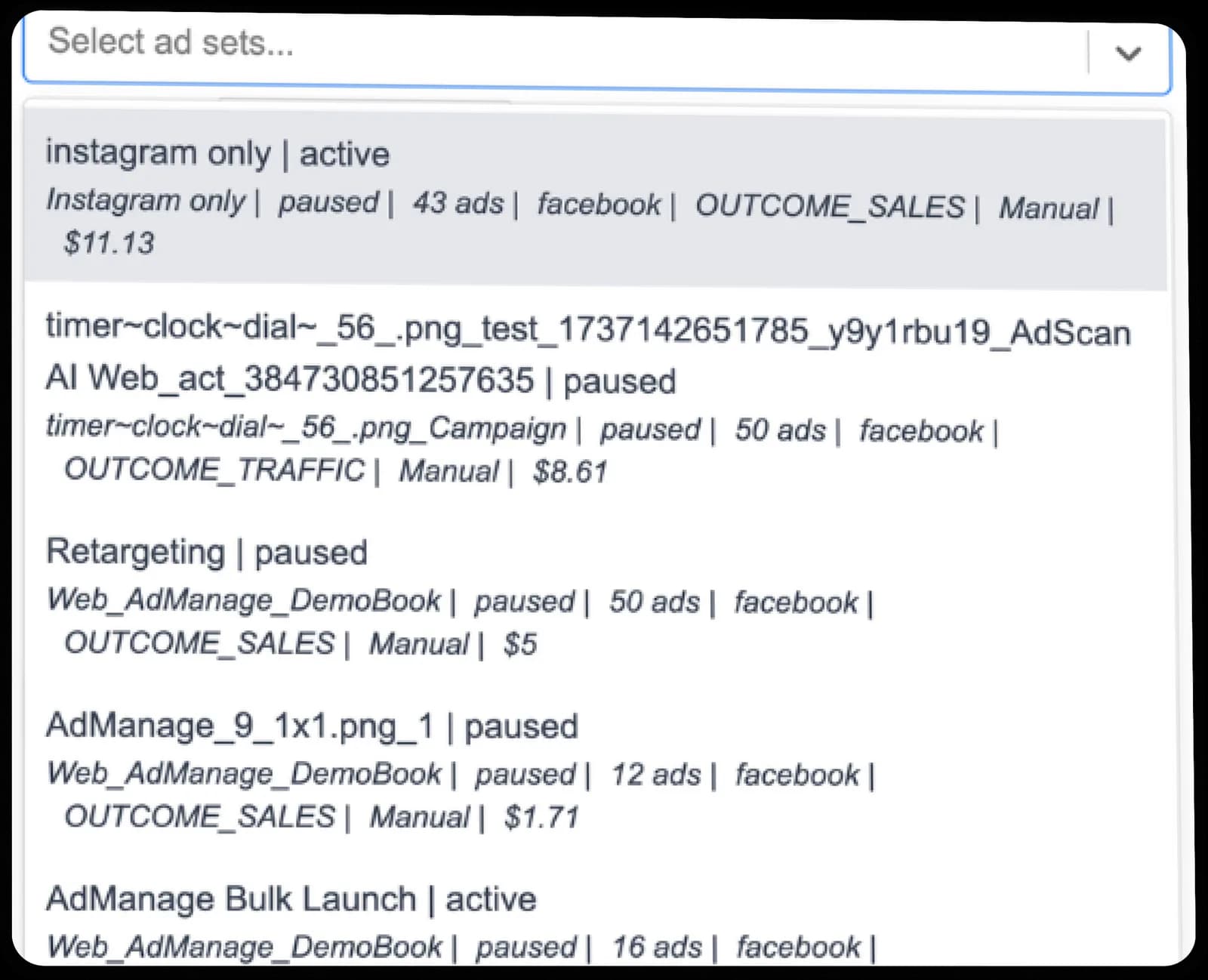 AdManage list view before